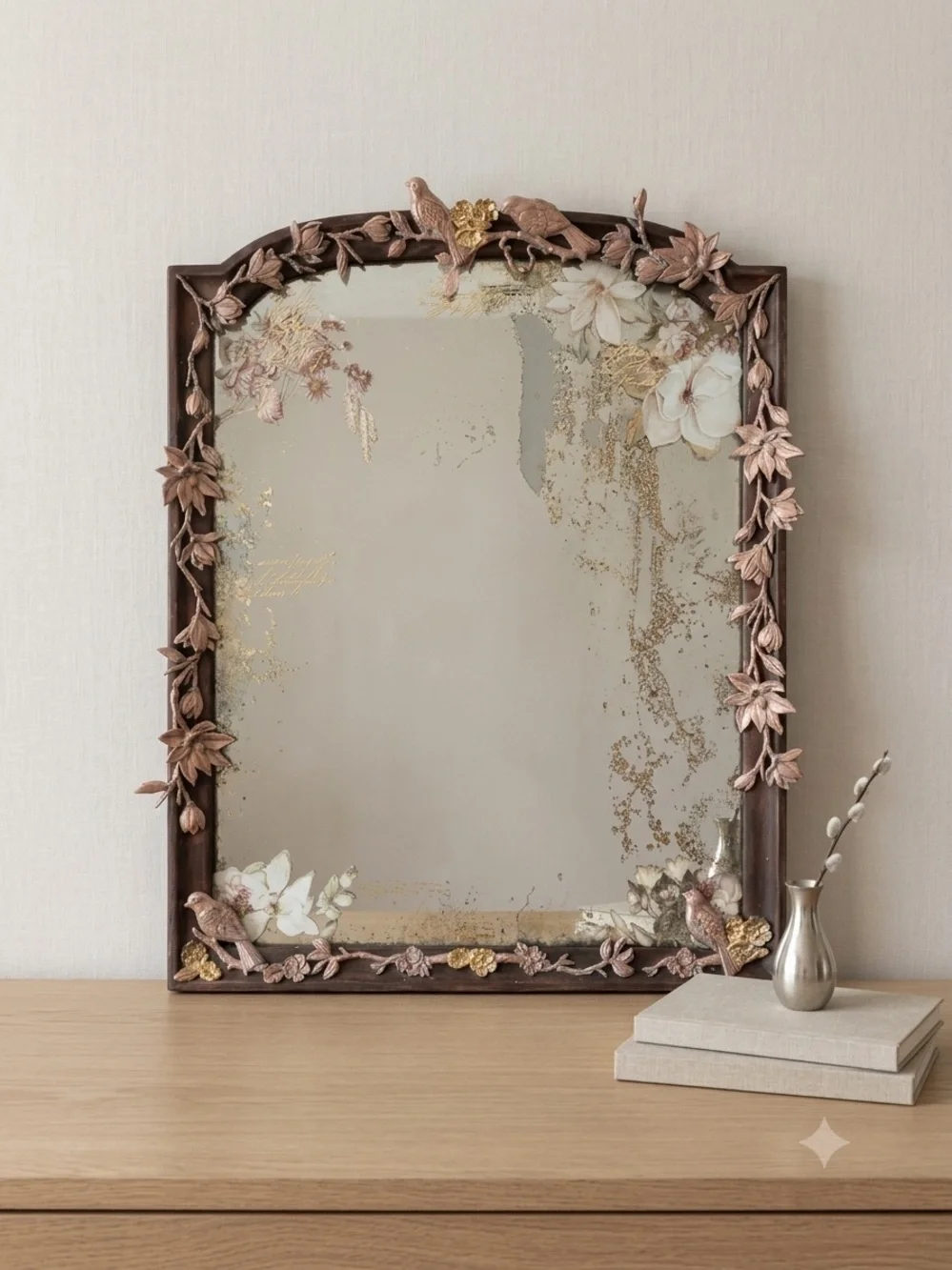 Ornate Floral & Bird Accent Wall Mirror with copper and gold accents